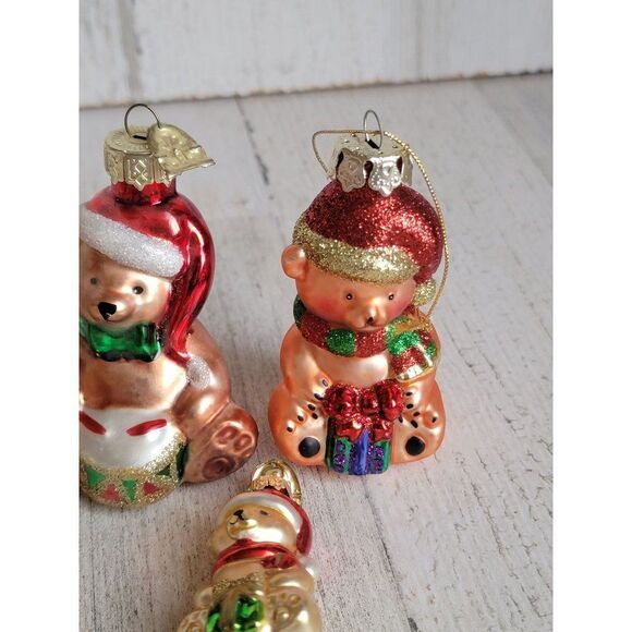 Teddy bear blown glass ornament Xmas set present drum - Picture 4 of 8
